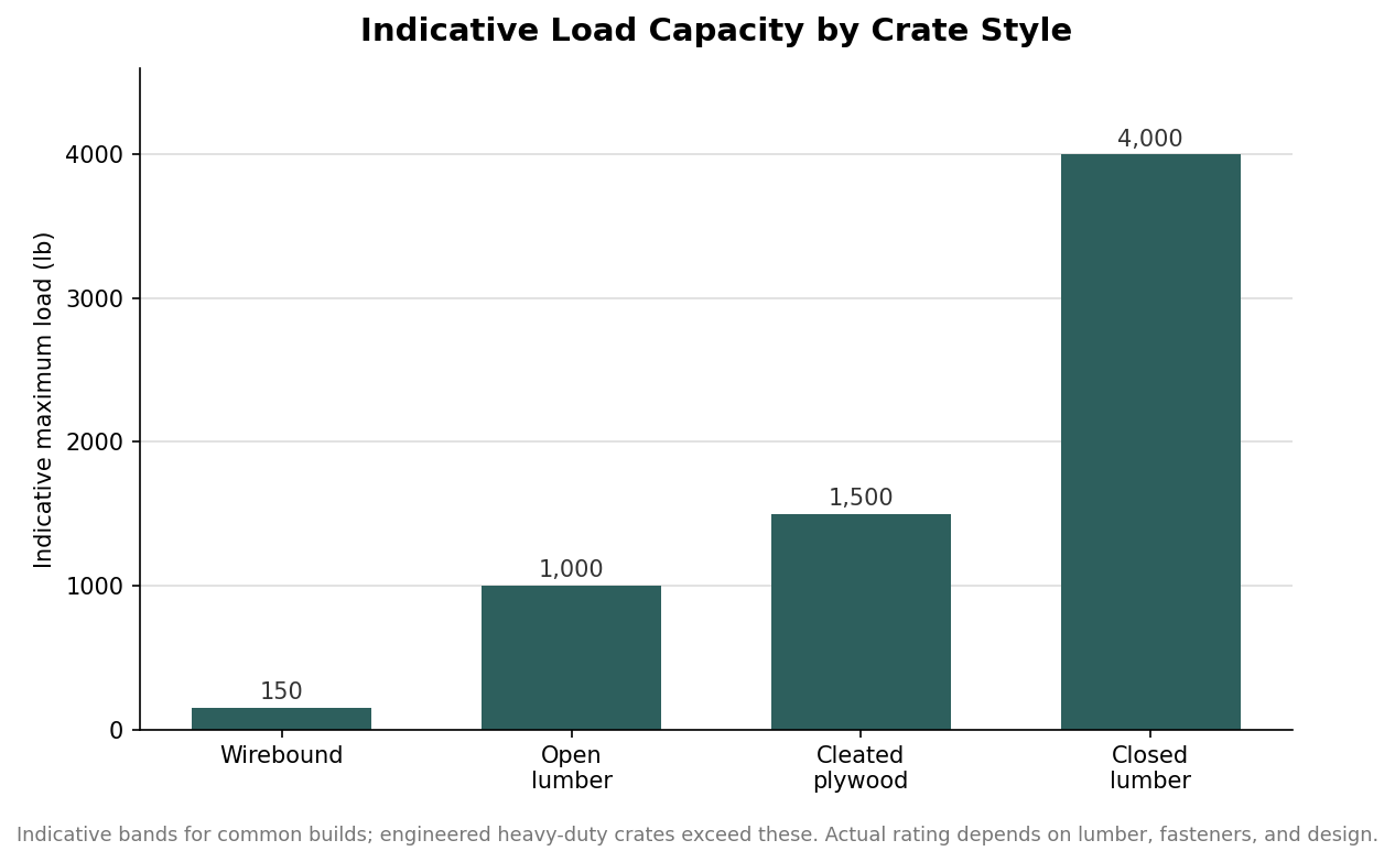 Bar chart of indicative maximum load capacity by wooden crate style from wirebound to closed lumber